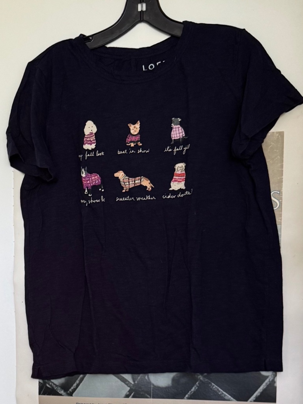 LOFT Navy Blue Dogs in Sweaters Graphic T-Shirt Size M